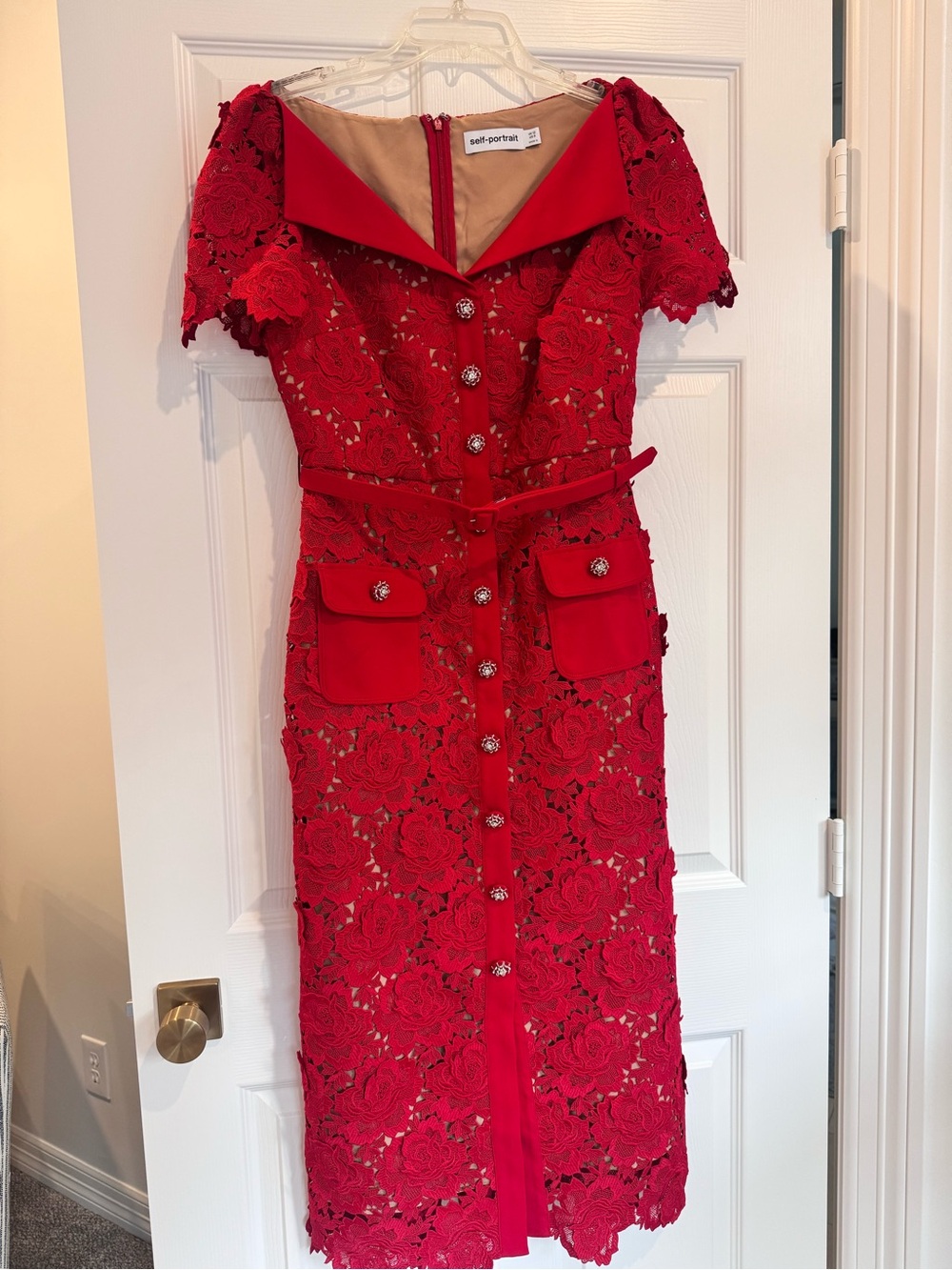 Self-Portrait Red Lace Open Neck Midi Dress - US Size 8